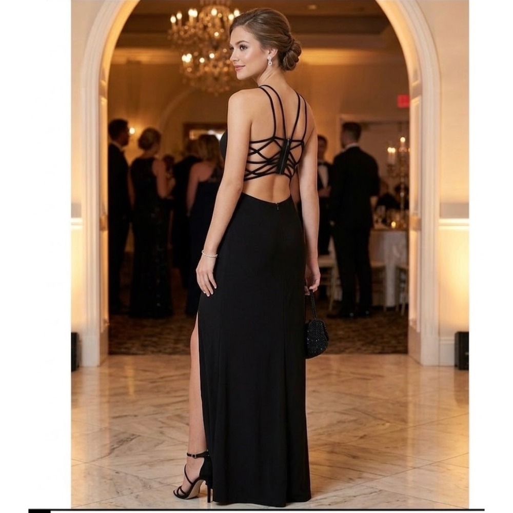 Morgan & Co Black Strappy Cage Back High Slit Maxi Formal Dress Juniors 7/8